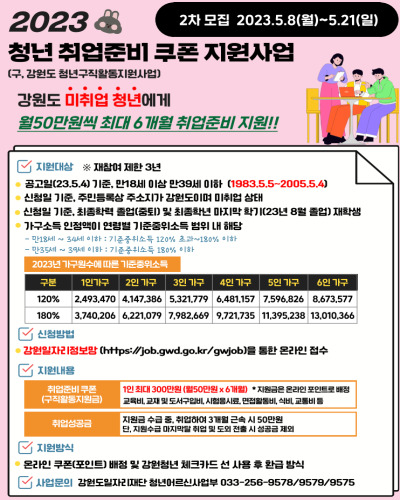  강원도 2023년 ‘청년 취업준비 쿠폰 지원사업’ 참여자 추가모집 신청방법, 지원내용