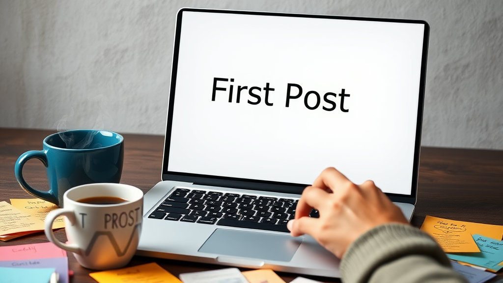 A clean laptop screen with the title "First Post" written on it, and a close-up of hands typing on the keyboard. A coffee cup and idea memos are scattered around.