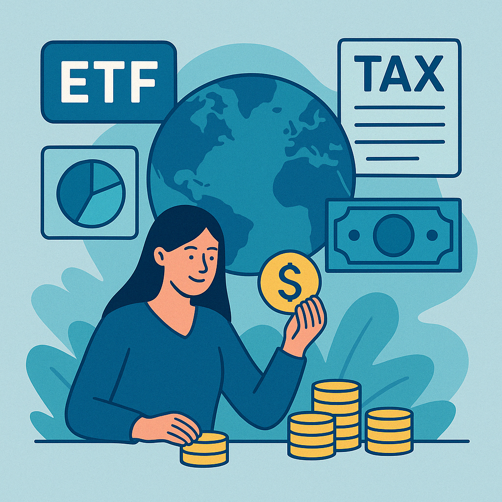 ETF와 절세, 해외투자 관련 키워드를 시각적으로 표현한 일러스트