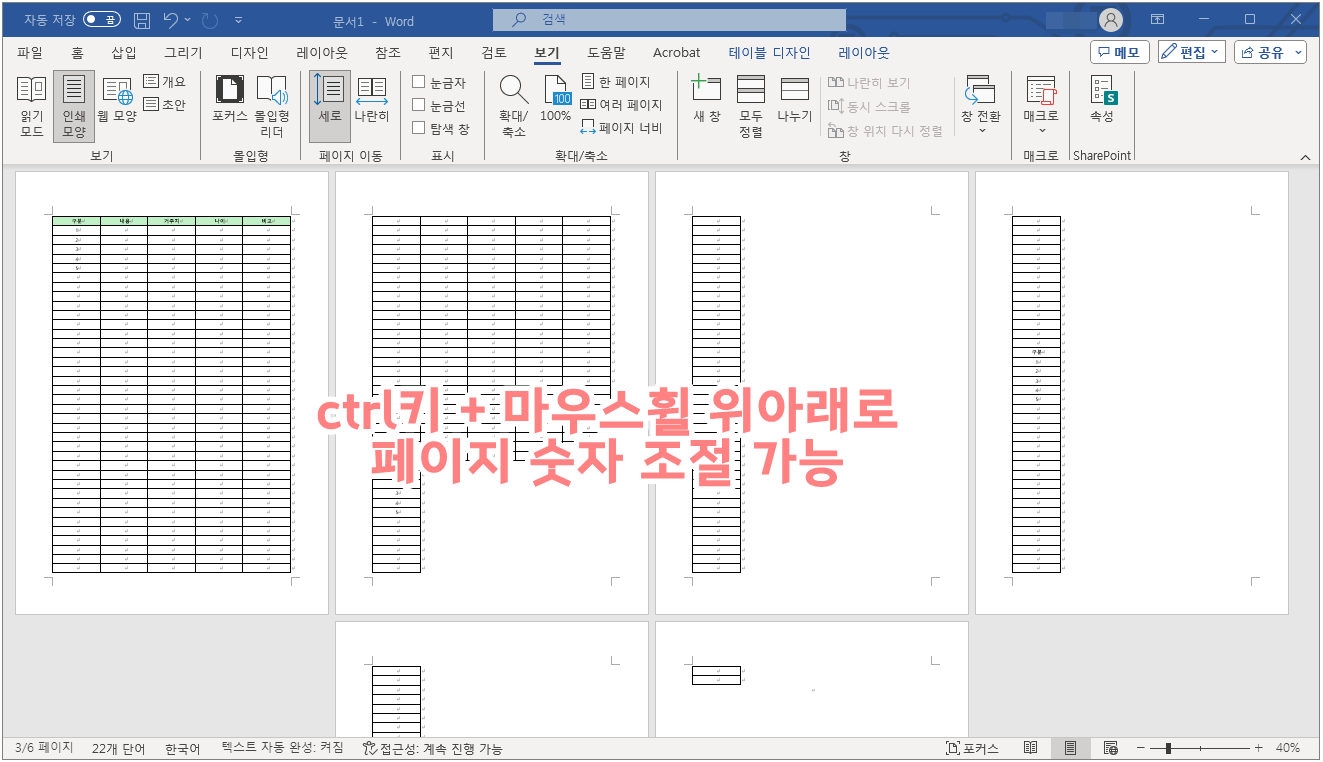 워드 한페이지, 두페이지, 여러페이지