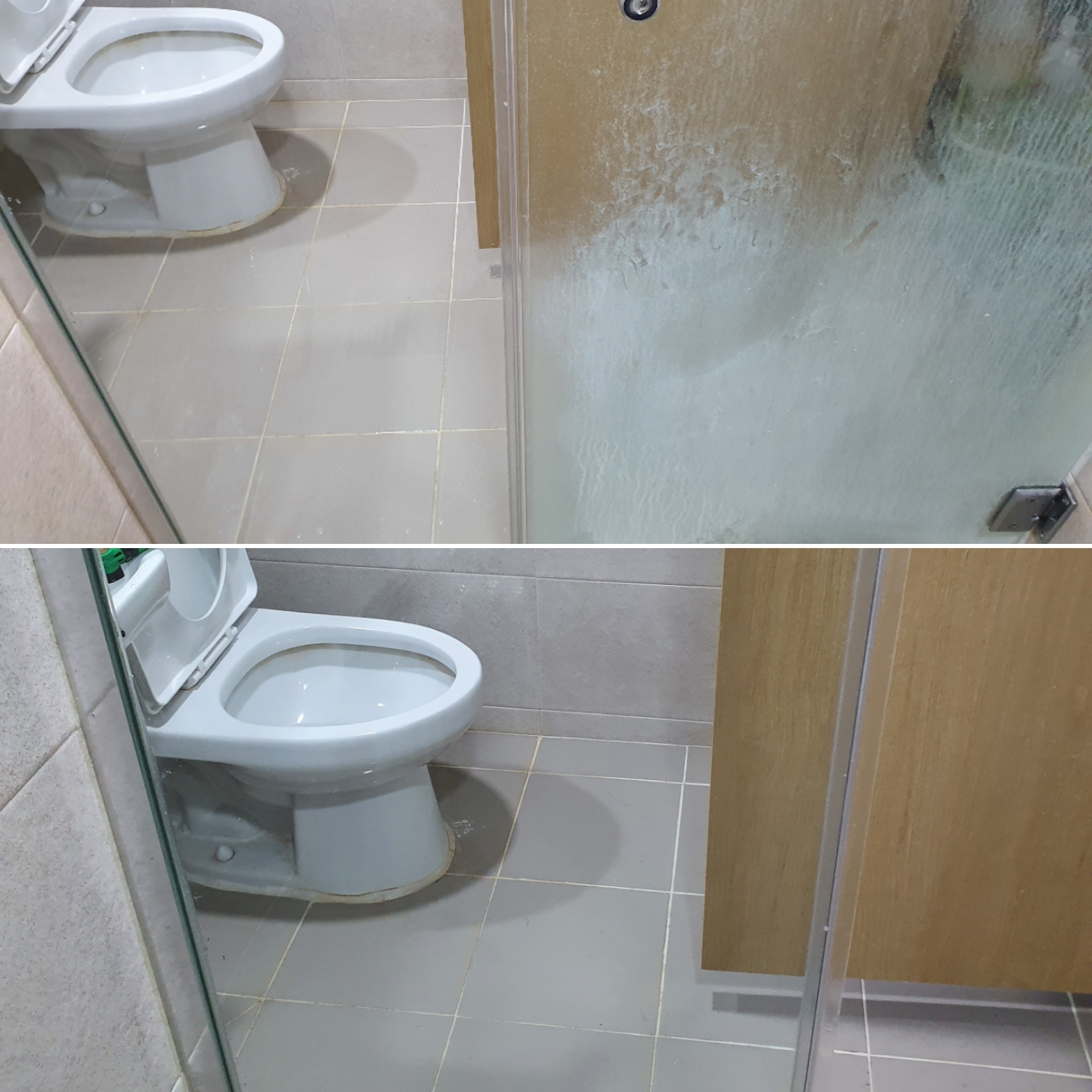 화장실 샤워 부스 유리벽 청소 전과 후의 비교사진