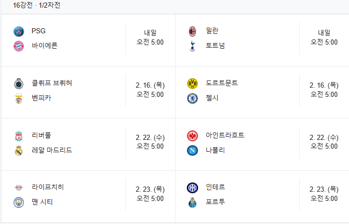  챔피언스리그 16강 일정 및 프리뷰 (1)