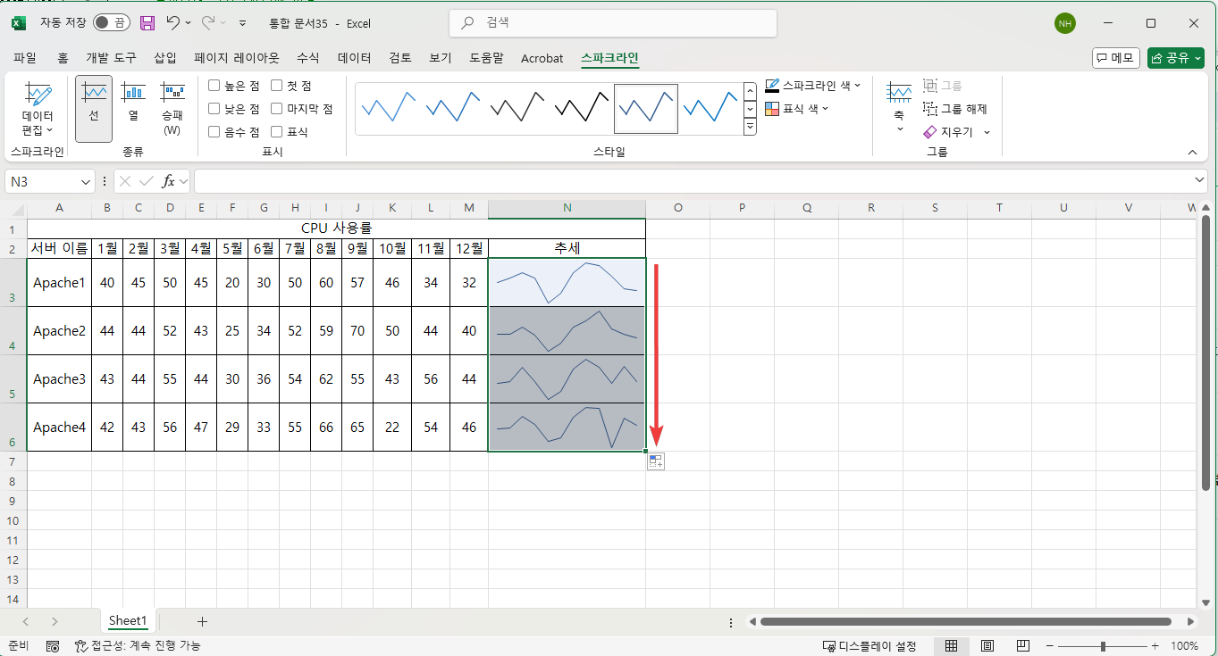 엑셀에서 스파크라인을 이용해 추세선으로 데이터 시각화하기 캡처 5