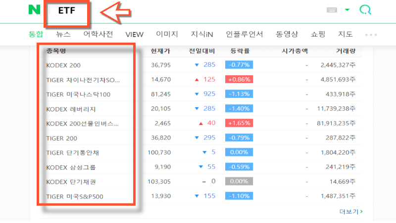 ETF종목-검색장면