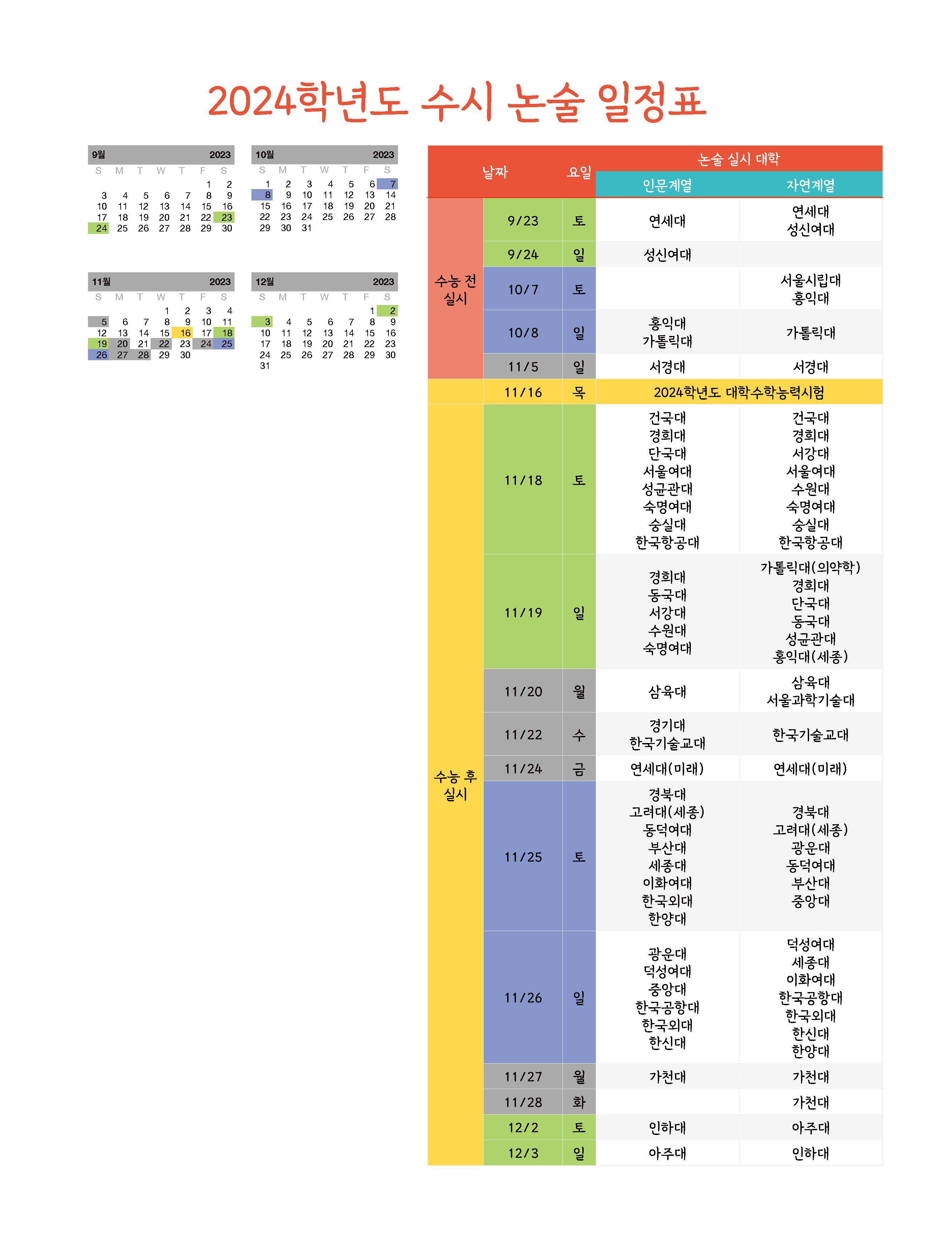 2024 수시논술 일정표-논술달력