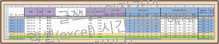 2023년 급여 계산 샘플 예제 서식 출퇴근입력 시트 이미지.