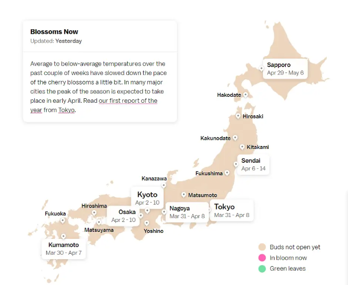 일본 주요도시 벚꽃 개화 예보 (source: www.japan-guide.com/)