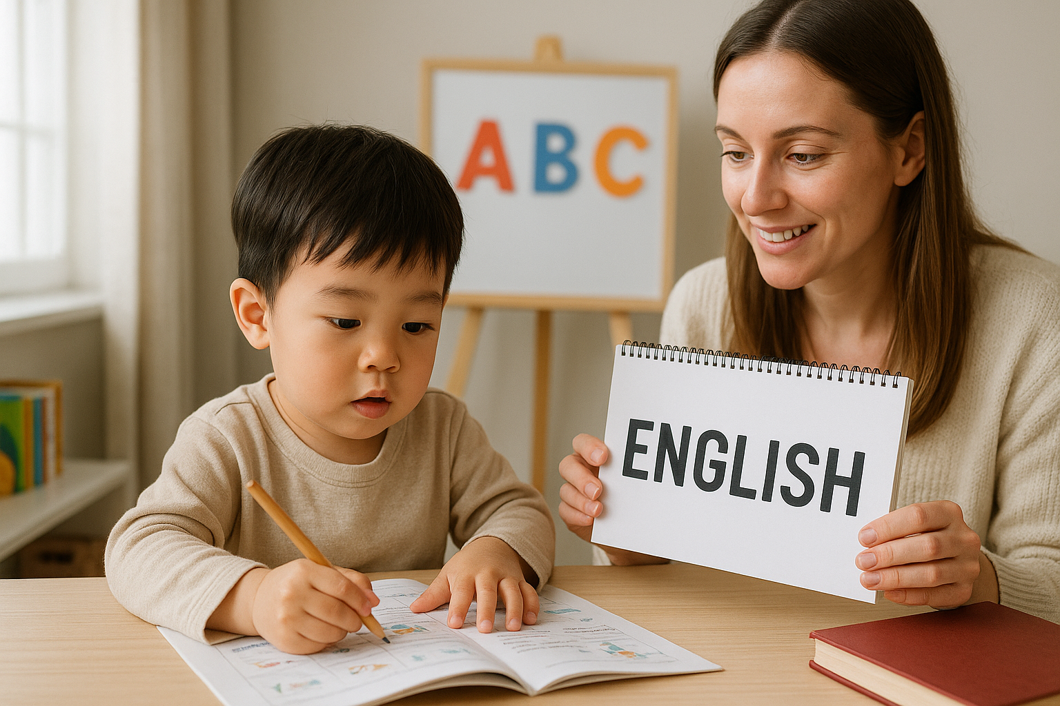 Young East Asian boy receiving English tutoring from a smiling female teacher in a bright classroom with ABC whiteboard and colorful learning materials.