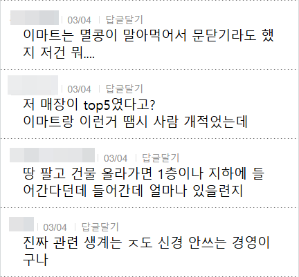 不知火舞03/04 답글달기
이마트는 멸콩이 말아먹어서 문닫기라도 했지 저건 뭐....
검은듀공03/04 답글달기
저 매장이 top5였다고?
이마트랑 이런거 땜시 사람 개적었는데
부정적사고만함03/04 답글달기
땅 팔고 건물 올라가면 1층이나 지하에 들어간다던데 들어간데 얼마나 있을련지
계란03/04 답글달기
진짜 관련 생계는 ㅈ도 신경 안쓰는 경영이구나