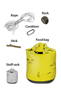 PCT 방법을 수행하기 위한 준비물 그림. 밧줄&#44; 돌멩이&#44; 카라비너&#44; 나뭇가지&#44; 그리고 보관 가방이 있다.