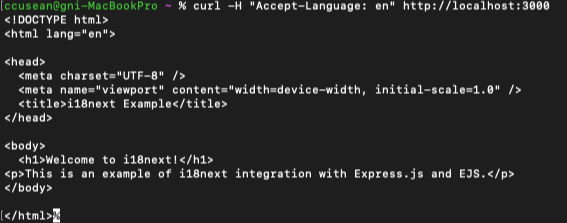 curl -H &quot;Accept-Language: en&quot; http://localhost:3000 명령어를 실행 후 결과 화면