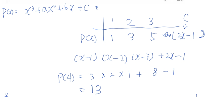  x^3의 계수가 1인 삼차식 P(x)에 대하여 P(1)=1, P(2)=3, P(3)=5일때, P(x)를 x-4로 나눌때 나머지를 구하시오