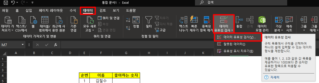 데이터 유효성 검사 선택
