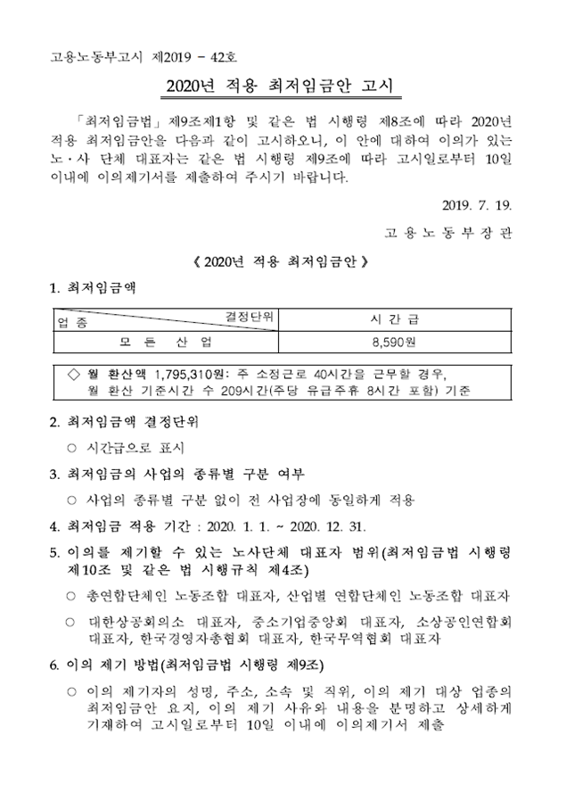  2020년 적용 최저임금안 고시