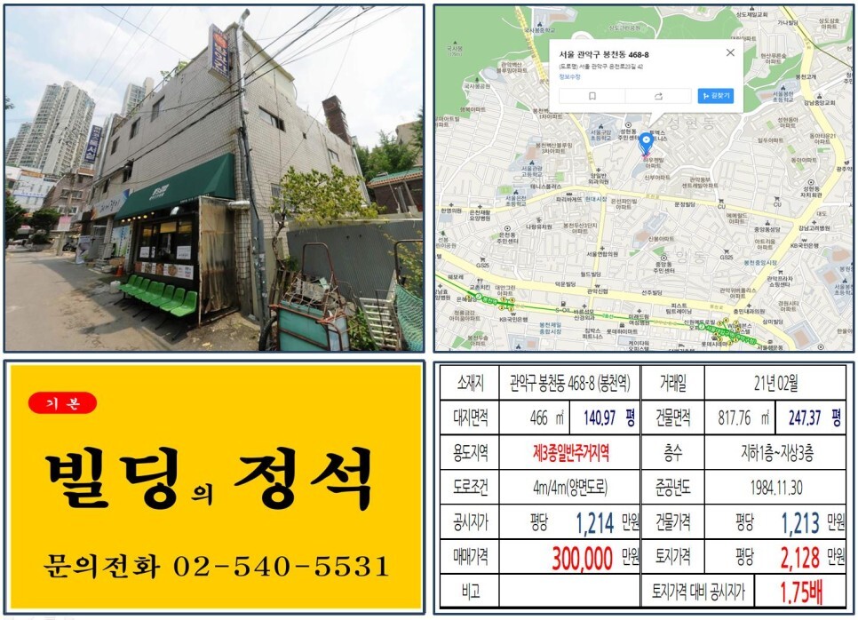  [관악구 봉천동 현대시장 30억 꼬마빌딩 실거래가 조회] 봉천동 468-8 (봉천역) 30억 원, 평당 2,128만 원 매매되었습니다.