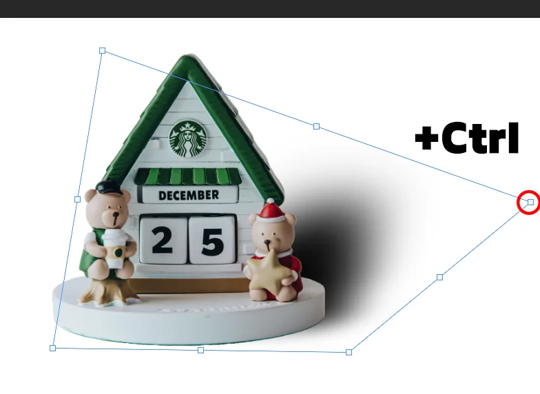 어도비 포토샵에서 ctrl과 t를 눌러서 자유변형 틀이 나온 상태에서 ctrl을 눌러서 변형시키는 모습