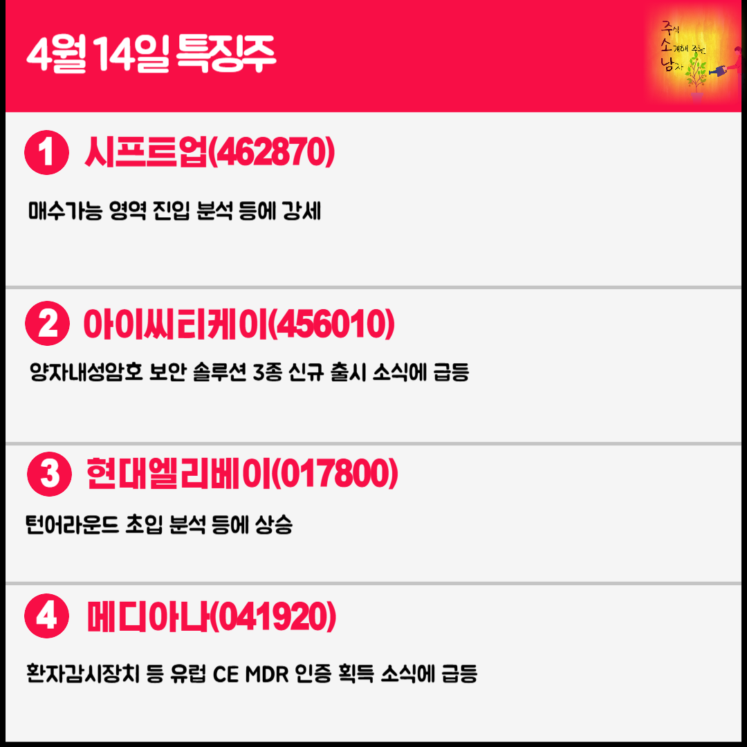 4월 14일 오늘의 특징주