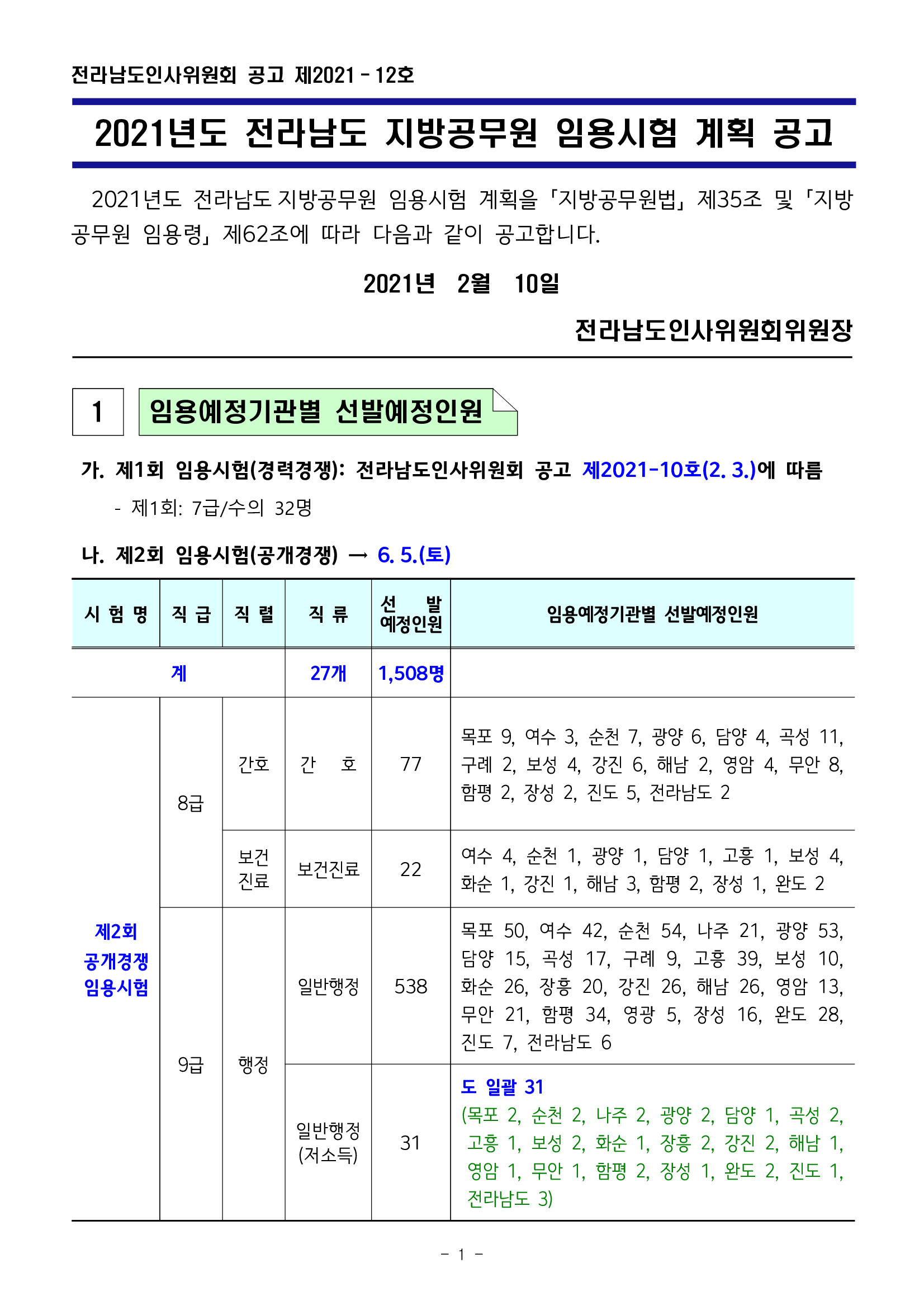  전남 지방직 공무원 시험 모집인원 접수일 공고