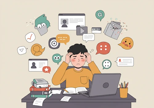 깔끔한 벡터 아트 스타일로 그린&amp;#44; 여러 방해 요소 속에서 집중하지 못하고 혼란스러워하는 사람의 모습 일러스트레이션