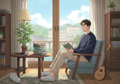 햇살 드는 방에서 명상이나 독서로 내면을 다지는 한국 남성, 건강한 마인드셋과 자신감을 보여주는 긍정적 만화.