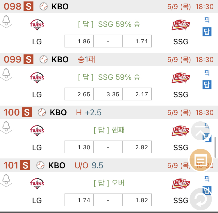 [진짜총판] 5월9일 LG VS SSG 국내야구분석