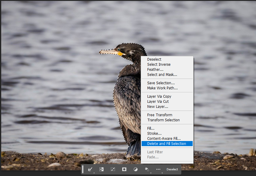 마우스 오른쪽 클릭 Delete and Fill Selection