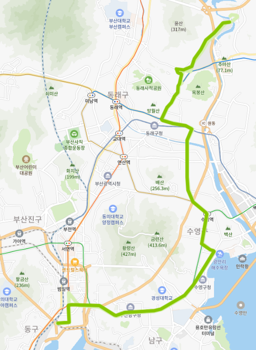  부산 42번 버스 노선, 시간표 정보 [회동동, 충렬사역, 광안리 해수욕장, 경성대학교, 부산진시장]
