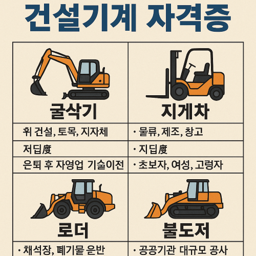 굴삭기, 지게차, 로더, 불도저 자격증 비교 인포그래픽 - 사용처, 난이도, 추천 대상을 도식화한 이미지