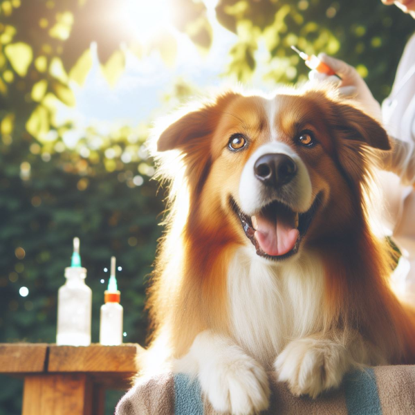 햇빛이 비치는 야외 공원에서 강아지가 있고 강아지 뒤에 수의사가 눈영양제를 투여할 준비를 하고있는 이미지