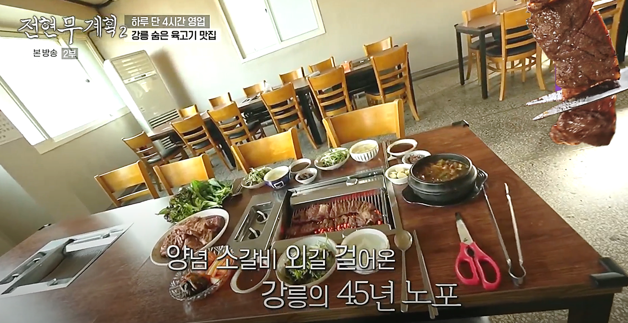 양념 소갈비와 된장찌개, 쌈채소와 밑반찬들이 테이블 위에 정갈하게 차려진 강릉 소갈비집 한 상