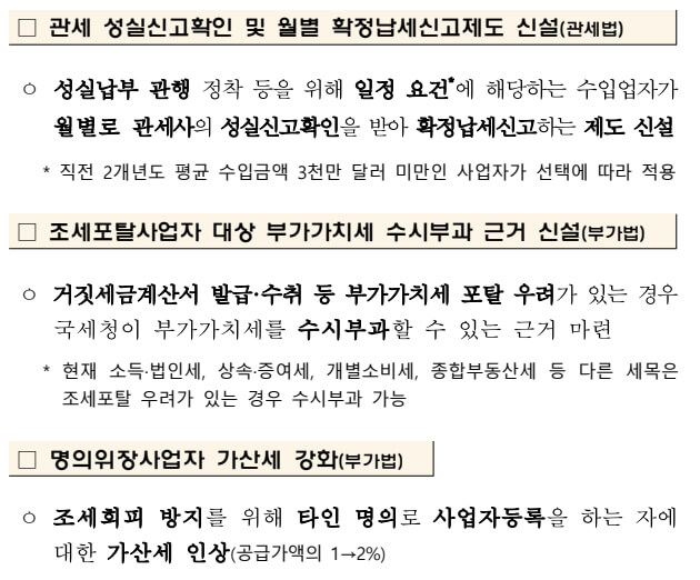 관세 성실신고 확인 및 월별 확정납세신고제도 신설
조세포탈사업자 대상 부가가치세 수시부과 근거 신설
명의위장사업자 가산세 강화