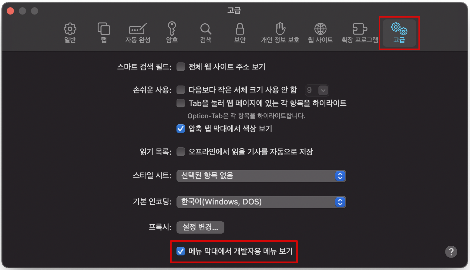 고급 → 메뉴 막대에서 개발자용 메뉴 보기 클릭