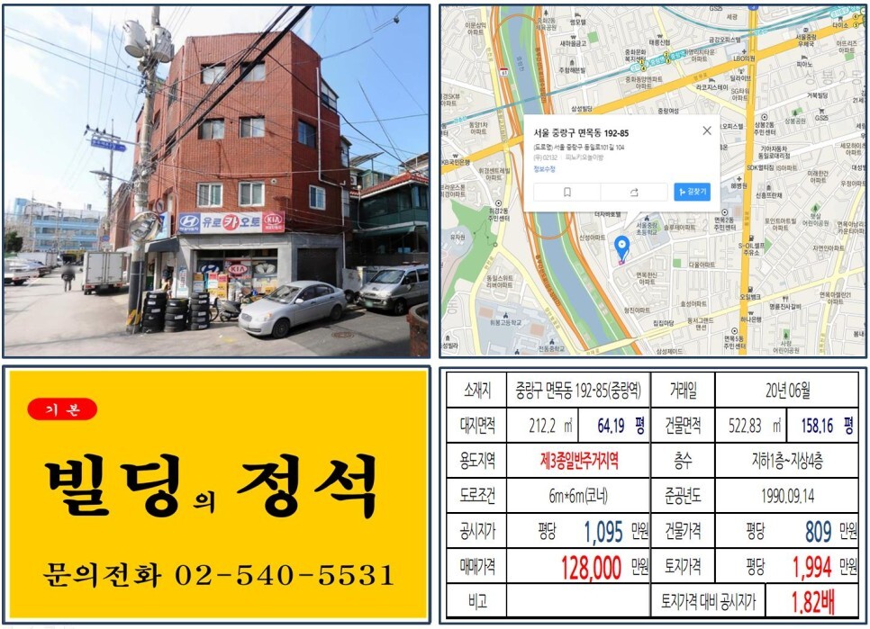  [중랑구 동부간선도로 공원화 10억 꼬마빌딩 실거래가 조회] 면목동 192-85 (중랑역) 12.8억 원, 평당 1,994만 원 매매되었습니다.