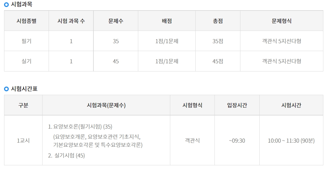 시험과목 및 시험시간표