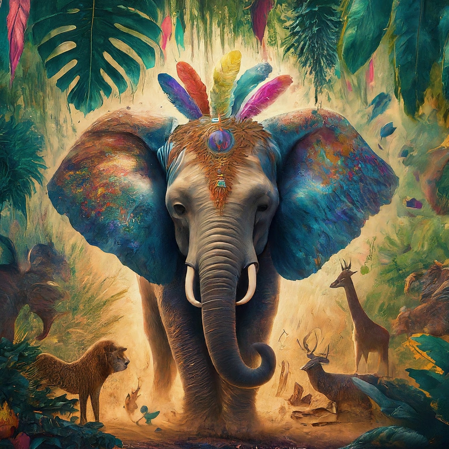 바드로 만든 정글 한가운데서 파티를 벌이는 코끼리 이미지