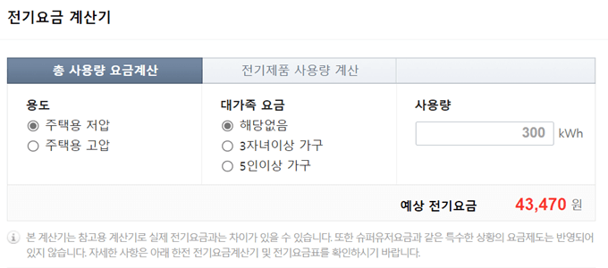 한달에 300kWh의 전력을 사용했을 때 3명의 자녀 미만의 가구에서 청구되는 전기요금을 계산한 그림