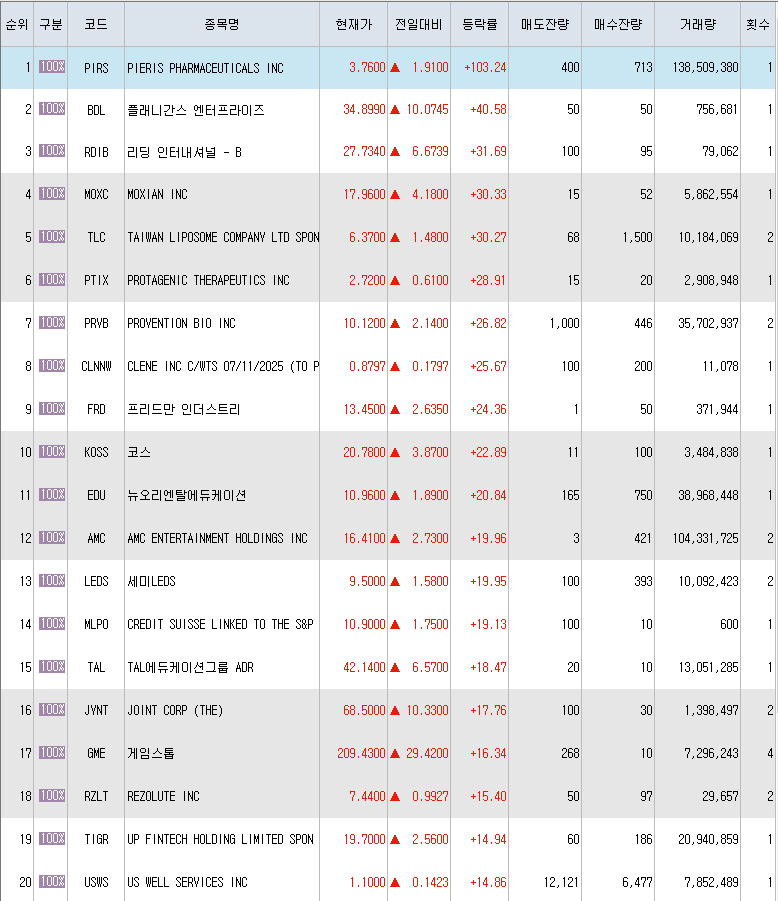  5월25일 미국주식 상승률 상위 종목 TOP 300