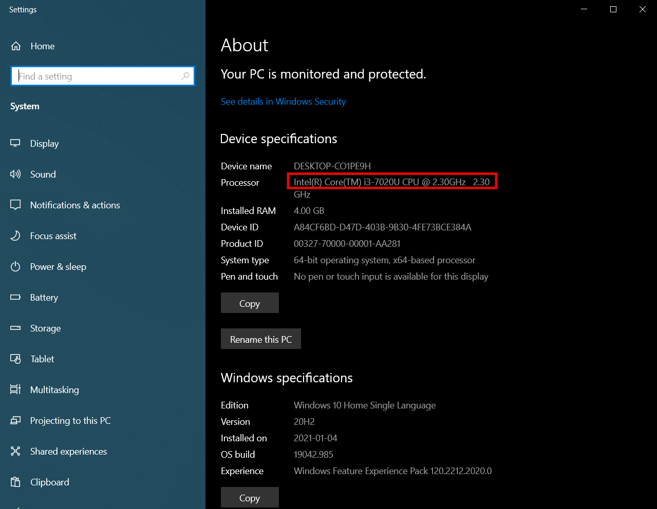 프러세서에서 CPU를 확인할 수 있습니다.