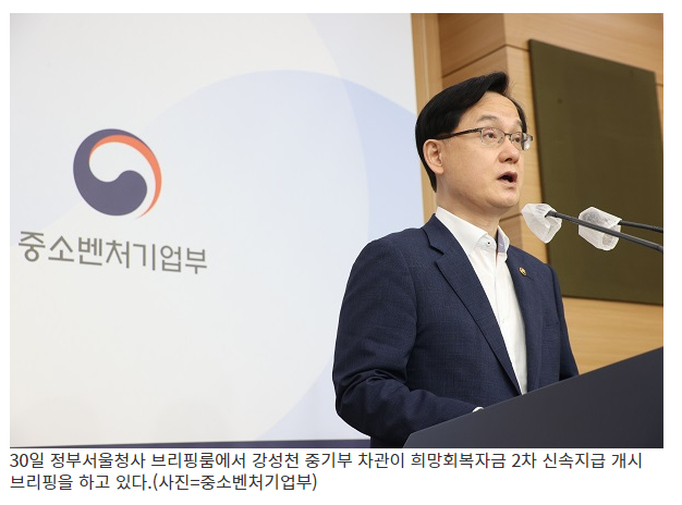  [중소벤처기업부] ‘희망회복자금’ 30일부터 2차 신속지급…61만명에 1조원
