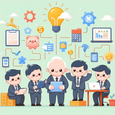 아이디어와 데이터 분석을 상징하는 다양한 그래픽 요소들이 포함된 일러스트