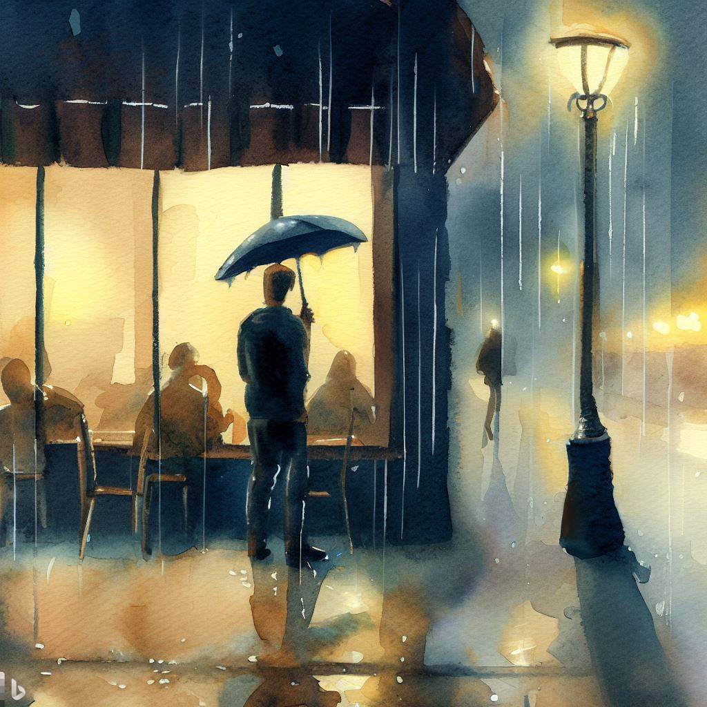 ai image&#44; a man holding an umbrella in a rainy day
