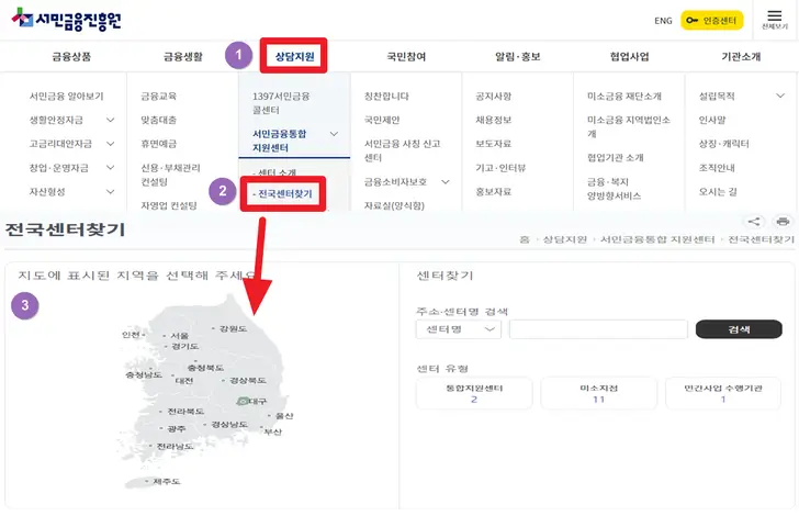 서민금융진흥원-홈페이지-전국-센터-조회-화면
