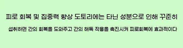  ■ 피로 회복 및 집중력 향상 도토리에는 타닌 성분으로 인해 꾸준히 섭취하면 간의 회복을 도와주고, 간의 해독 작용을 촉진시켜 피로회복에 효과적이다.