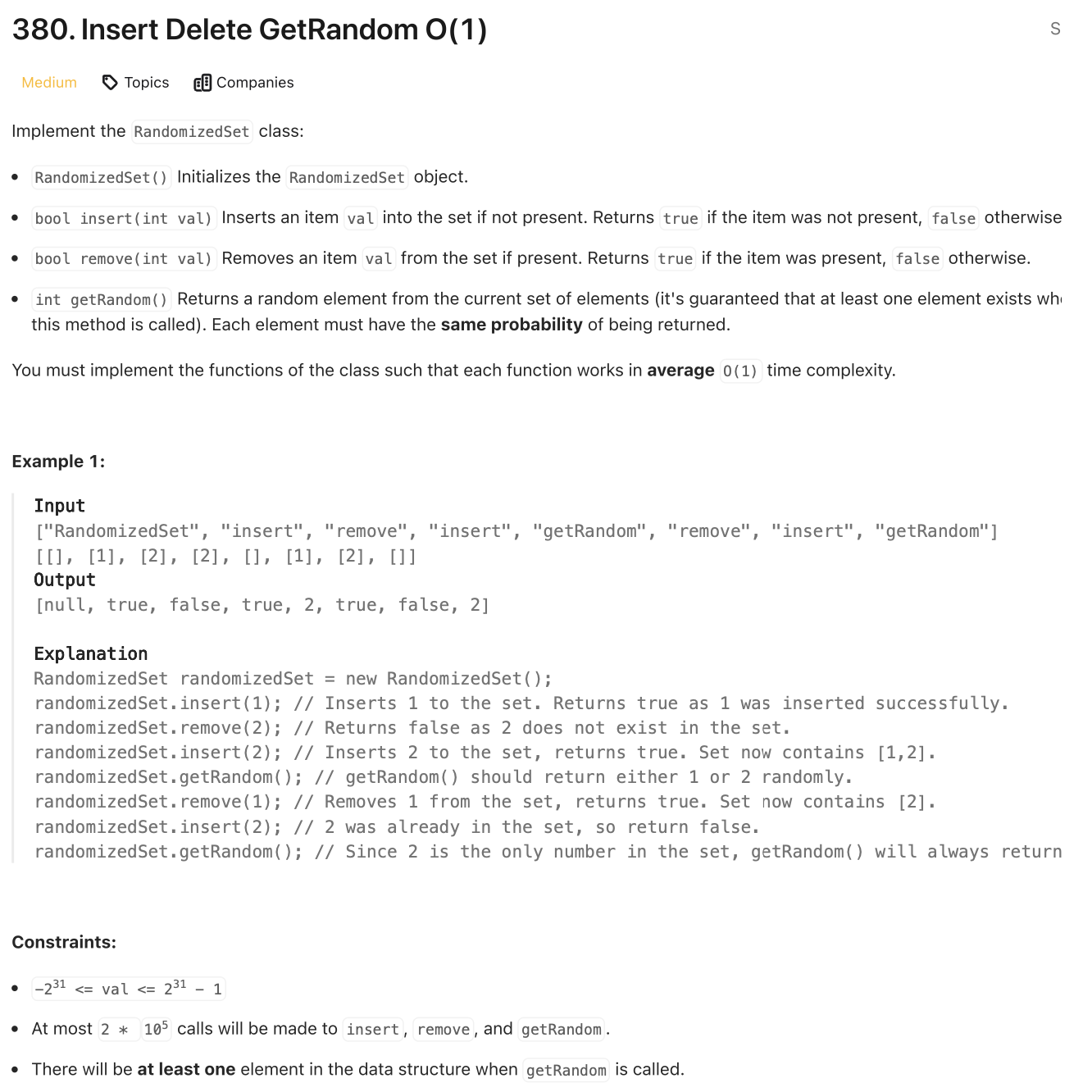 LeetCode [380]: Insert Delete GetRandom O(1) — 개발하는 장씨