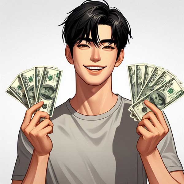 돈을 들고 웃고 있는 사람