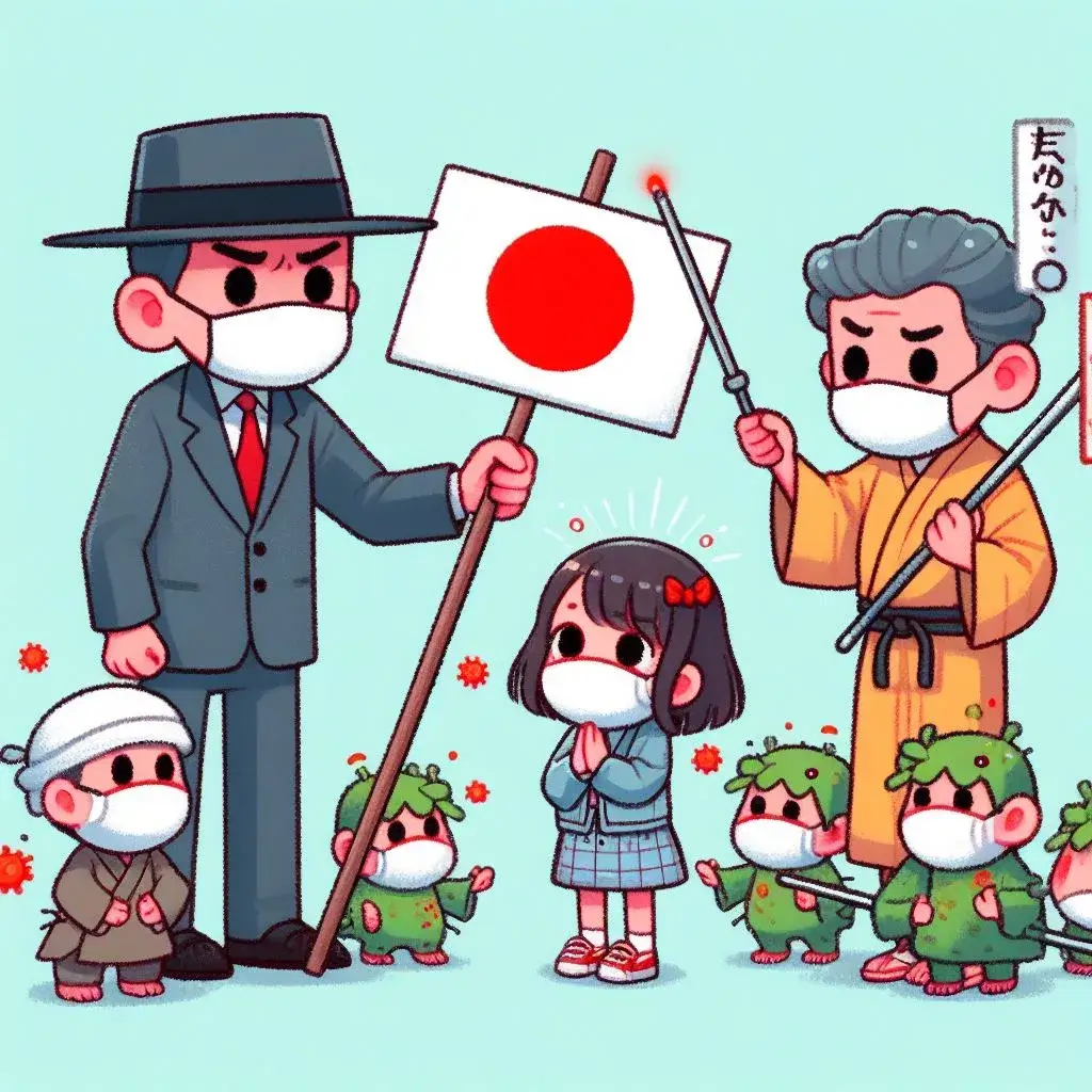일본-전염병-귀여운-만화-일러스트-이미지-마스크-캐릭터-정장-일본전통의상-어린이-병균의인화