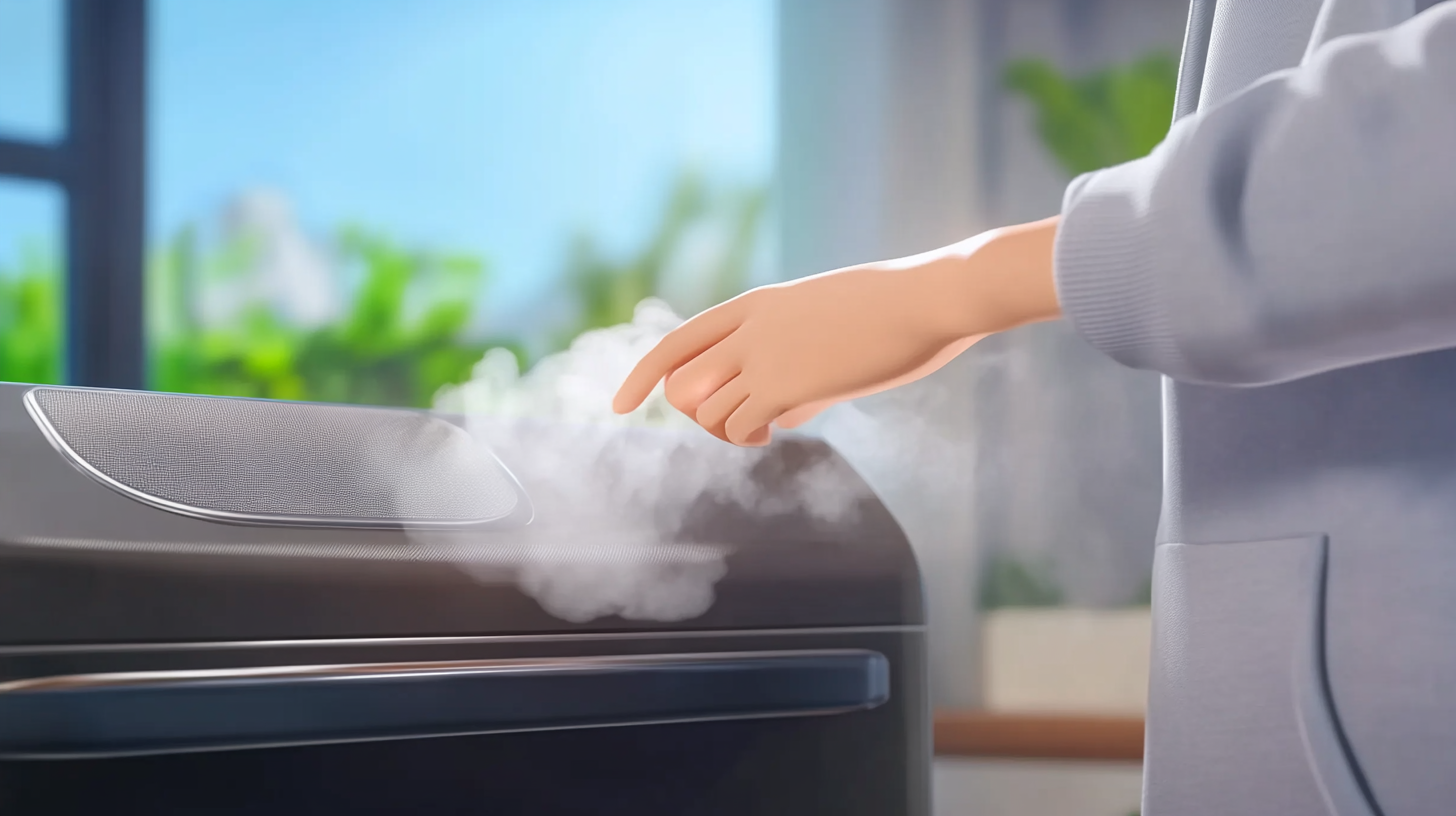 LG 트롬의 스팀 기능이 작동하여 옷감을 소독하는 모습, 증기가 원단과 상호 작용하는 장면 강조
