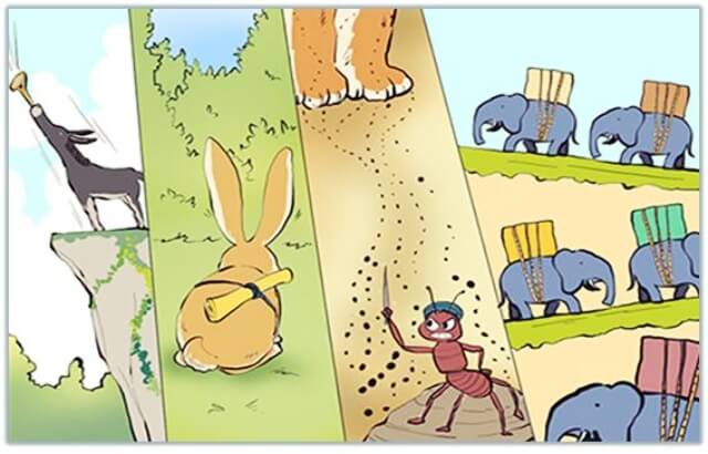 당나귀, 코끼리, 토끼 등이 각자 자기역할을 해내는 그림