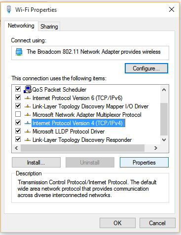 윈도우 와아파이 네트워크 설정의 TCP/IP 옵션