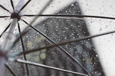 비닐 투명 우산에 떨어지는 빗방울